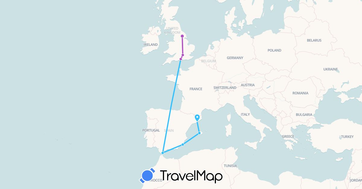 TravelMap itinerary: driving, train, boat in Spain, United Kingdom (Europe)